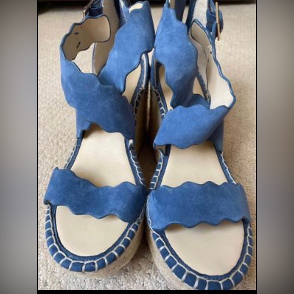 MARC FISHER Womens Scalloped Blue Platform Calita Wedge Leather Shoes
